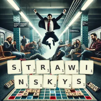 Kreative Illustration für ein Scrabble-Spiel, bei dem das Wort STRAWINSKYS mit Steinen auf dem Brett gelegt wurde.