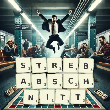 Kreative Illustration für ein Scrabble-Spiel, bei dem das Wort STREBABSCHNITT mit Steinen auf dem Brett gelegt wurde.