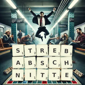 Kreative Illustration für ein Scrabble-Spiel, bei dem das Wort STREBABSCHNITTE mit Steinen auf dem Brett gelegt wurde.