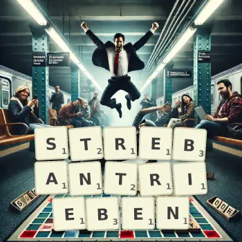 Kreative Illustration für ein Scrabble-Spiel, bei dem das Wort STREBANTRIEBEN mit Steinen auf dem Brett gelegt wurde.