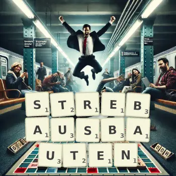 Kreative Illustration für ein Scrabble-Spiel, bei dem das Wort STREBAUSBAUTEN mit Steinen auf dem Brett gelegt wurde.