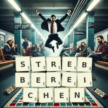 Kreative Illustration für ein Scrabble-Spiel, bei dem das Wort STREBBEREICHEN mit Steinen auf dem Brett gelegt wurde.
