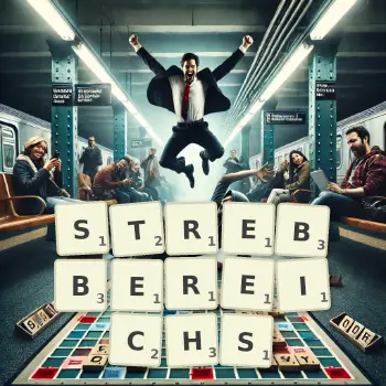 Kreative Illustration für ein Scrabble-Spiel, bei dem das Wort STREBBEREICHS mit Steinen auf dem Brett gelegt wurde.