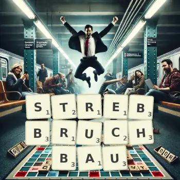 Kreative Illustration für ein Scrabble-Spiel, bei dem das Wort STREBBRUCHBAU mit Steinen auf dem Brett gelegt wurde.