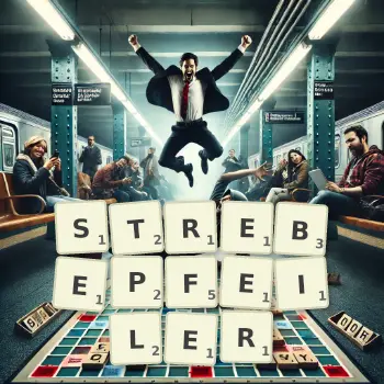 Kreative Illustration für ein Scrabble-Spiel, bei dem das Wort STREBEPFEILER mit Steinen auf dem Brett gelegt wurde.