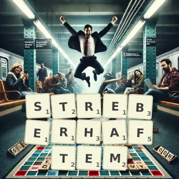 Kreative Illustration für ein Scrabble-Spiel, bei dem das Wort STREBERHAFTEM mit Steinen auf dem Brett gelegt wurde.