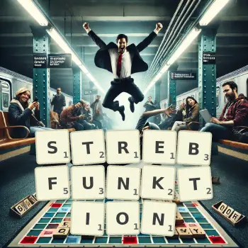 Kreative Illustration für ein Scrabble-Spiel, bei dem das Wort STREBFUNKTION mit Steinen auf dem Brett gelegt wurde.