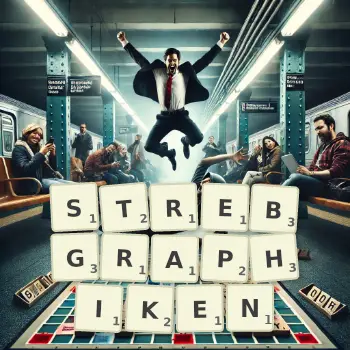 Kreative Illustration für ein Scrabble-Spiel, bei dem das Wort STREBGRAPHIKEN mit Steinen auf dem Brett gelegt wurde.