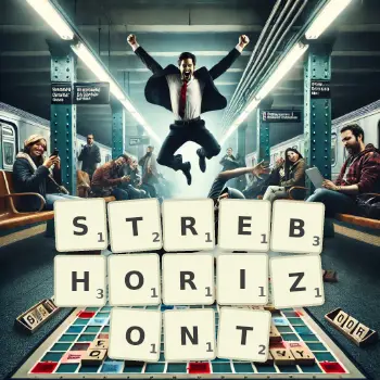Kreative Illustration für ein Scrabble-Spiel, bei dem das Wort STREBHORIZONT mit Steinen auf dem Brett gelegt wurde.