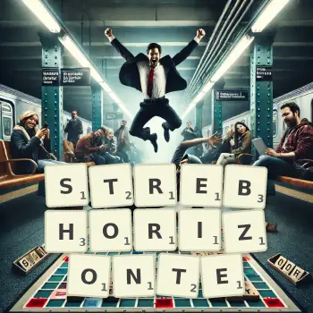 Kreative Illustration für ein Scrabble-Spiel, bei dem das Wort STREBHORIZONTE mit Steinen auf dem Brett gelegt wurde.