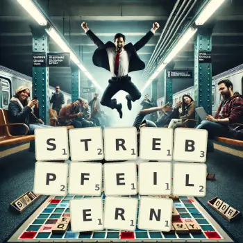 Kreative Illustration für ein Scrabble-Spiel, bei dem das Wort STREBPFEILERN mit Steinen auf dem Brett gelegt wurde.