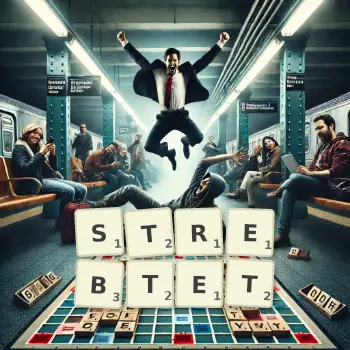 Kreative Illustration für ein Scrabble-Spiel, bei dem das Wort STREBTET mit Steinen auf dem Brett gelegt wurde.