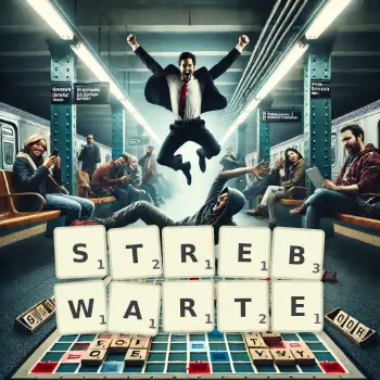 Kreative Illustration für ein Scrabble-Spiel, bei dem das Wort STREBWARTE mit Steinen auf dem Brett gelegt wurde.