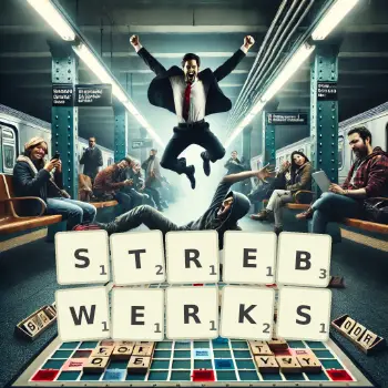 Kreative Illustration für ein Scrabble-Spiel, bei dem das Wort STREBWERKS mit Steinen auf dem Brett gelegt wurde.