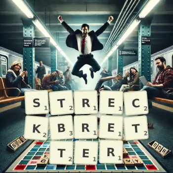 Kreative Illustration für ein Scrabble-Spiel, bei dem das Wort STRECKBRETTER mit Steinen auf dem Brett gelegt wurde.