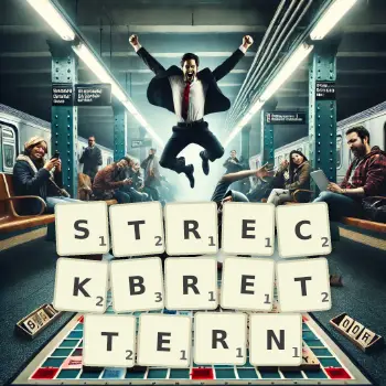 Kreative Illustration für ein Scrabble-Spiel, bei dem das Wort STRECKBRETTERN mit Steinen auf dem Brett gelegt wurde.