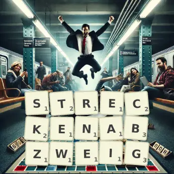 Kreative Illustration für ein Scrabble-Spiel, bei dem das Wort STRECKENABZWEIG mit Steinen auf dem Brett gelegt wurde.