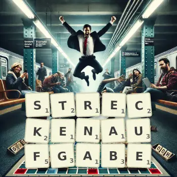 Kreative Illustration für ein Scrabble-Spiel, bei dem das Wort STRECKENAUFGABE mit Steinen auf dem Brett gelegt wurde.