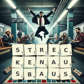 Kreative Illustration für ein Scrabble-Spiel, bei dem das Wort STRECKENAUSBAUS mit Steinen auf dem Brett gelegt wurde.