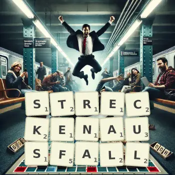 Kreative Illustration für ein Scrabble-Spiel, bei dem das Wort STRECKENAUSFALL mit Steinen auf dem Brett gelegt wurde.