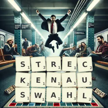 Kreative Illustration für ein Scrabble-Spiel, bei dem das Wort STRECKENAUSWAHL mit Steinen auf dem Brett gelegt wurde.