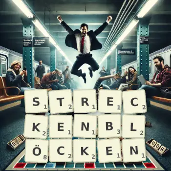 Kreative Illustration für ein Scrabble-Spiel, bei dem das Wort STRECKENBLÖCKEN mit Steinen auf dem Brett gelegt wurde.
