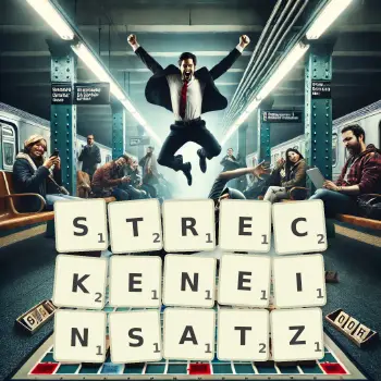 Kreative Illustration für ein Scrabble-Spiel, bei dem das Wort STRECKENEINSATZ mit Steinen auf dem Brett gelegt wurde.