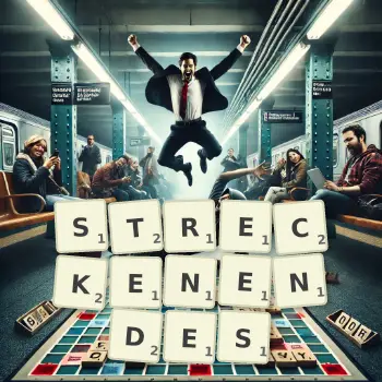 Kreative Illustration für ein Scrabble-Spiel, bei dem das Wort STRECKENENDES mit Steinen auf dem Brett gelegt wurde.