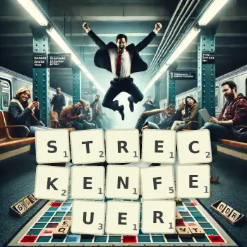 Kreative Illustration für ein Scrabble-Spiel, bei dem das Wort STRECKENFEUER mit Steinen auf dem Brett gelegt wurde.