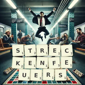 Kreative Illustration für ein Scrabble-Spiel, bei dem das Wort STRECKENFEUERS mit Steinen auf dem Brett gelegt wurde.