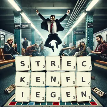 Kreative Illustration für ein Scrabble-Spiel, bei dem das Wort STRECKENFLIEGEN mit Steinen auf dem Brett gelegt wurde.