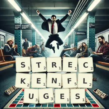 Kreative Illustration für ein Scrabble-Spiel, bei dem das Wort STRECKENFLUGES mit Steinen auf dem Brett gelegt wurde.