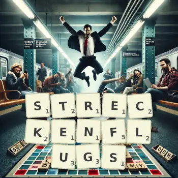 Kreative Illustration für ein Scrabble-Spiel, bei dem das Wort STRECKENFLUGS mit Steinen auf dem Brett gelegt wurde.