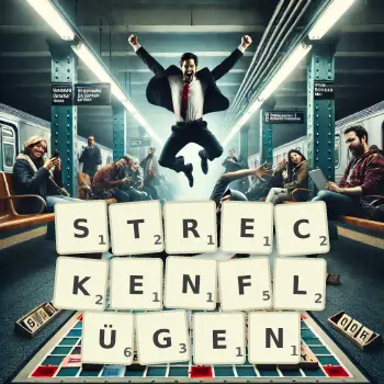 Kreative Illustration für ein Scrabble-Spiel, bei dem das Wort STRECKENFLÜGEN mit Steinen auf dem Brett gelegt wurde.