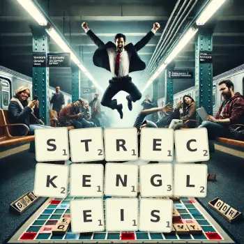 Kreative Illustration für ein Scrabble-Spiel, bei dem das Wort STRECKENGLEIS mit Steinen auf dem Brett gelegt wurde.