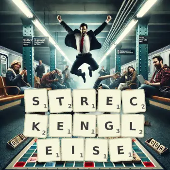 Kreative Illustration für ein Scrabble-Spiel, bei dem das Wort STRECKENGLEISE mit Steinen auf dem Brett gelegt wurde.