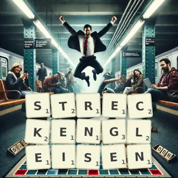 Kreative Illustration für ein Scrabble-Spiel, bei dem das Wort STRECKENGLEISEN mit Steinen auf dem Brett gelegt wurde.