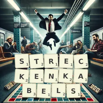 Kreative Illustration für ein Scrabble-Spiel, bei dem das Wort STRECKENKABELS mit Steinen auf dem Brett gelegt wurde.