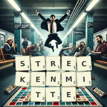 Kreative Illustration für ein Scrabble-Spiel, bei dem das Wort STRECKENMITTE mit Steinen auf dem Brett gelegt wurde.