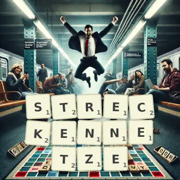 Kreative Illustration für ein Scrabble-Spiel, bei dem das Wort STRECKENNETZE mit Steinen auf dem Brett gelegt wurde.