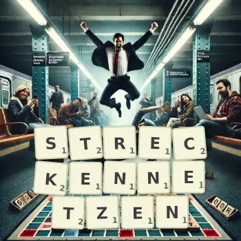 Kreative Illustration für ein Scrabble-Spiel, bei dem das Wort STRECKENNETZEN mit Steinen auf dem Brett gelegt wurde.