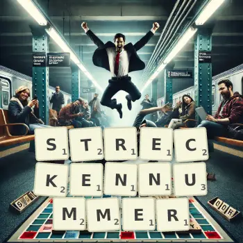 Kreative Illustration für ein Scrabble-Spiel, bei dem das Wort STRECKENNUMMER mit Steinen auf dem Brett gelegt wurde.