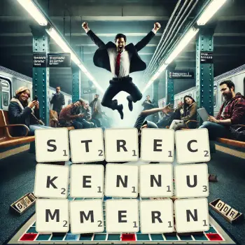 Kreative Illustration für ein Scrabble-Spiel, bei dem das Wort STRECKENNUMMERN mit Steinen auf dem Brett gelegt wurde.