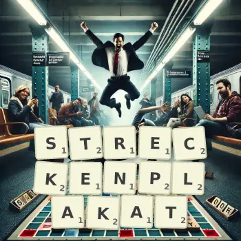 Kreative Illustration für ein Scrabble-Spiel, bei dem das Wort STRECKENPLAKAT mit Steinen auf dem Brett gelegt wurde.