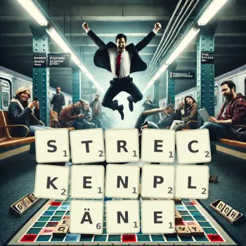 Kreative Illustration für ein Scrabble-Spiel, bei dem das Wort STRECKENPLÄNE mit Steinen auf dem Brett gelegt wurde.