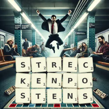 Kreative Illustration für ein Scrabble-Spiel, bei dem das Wort STRECKENPOSTENS mit Steinen auf dem Brett gelegt wurde.