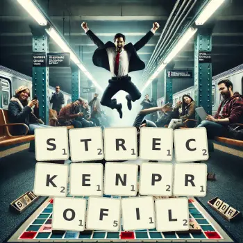 Kreative Illustration für ein Scrabble-Spiel, bei dem das Wort STRECKENPROFIL mit Steinen auf dem Brett gelegt wurde.