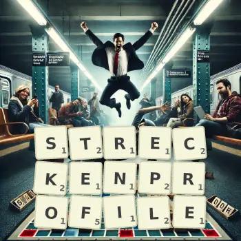 Kreative Illustration für ein Scrabble-Spiel, bei dem das Wort STRECKENPROFILE mit Steinen auf dem Brett gelegt wurde.