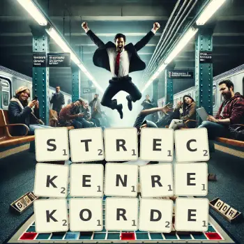 Kreative Illustration für ein Scrabble-Spiel, bei dem das Wort STRECKENREKORDE mit Steinen auf dem Brett gelegt wurde.