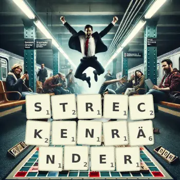 Kreative Illustration für ein Scrabble-Spiel, bei dem das Wort STRECKENRÄNDER mit Steinen auf dem Brett gelegt wurde.